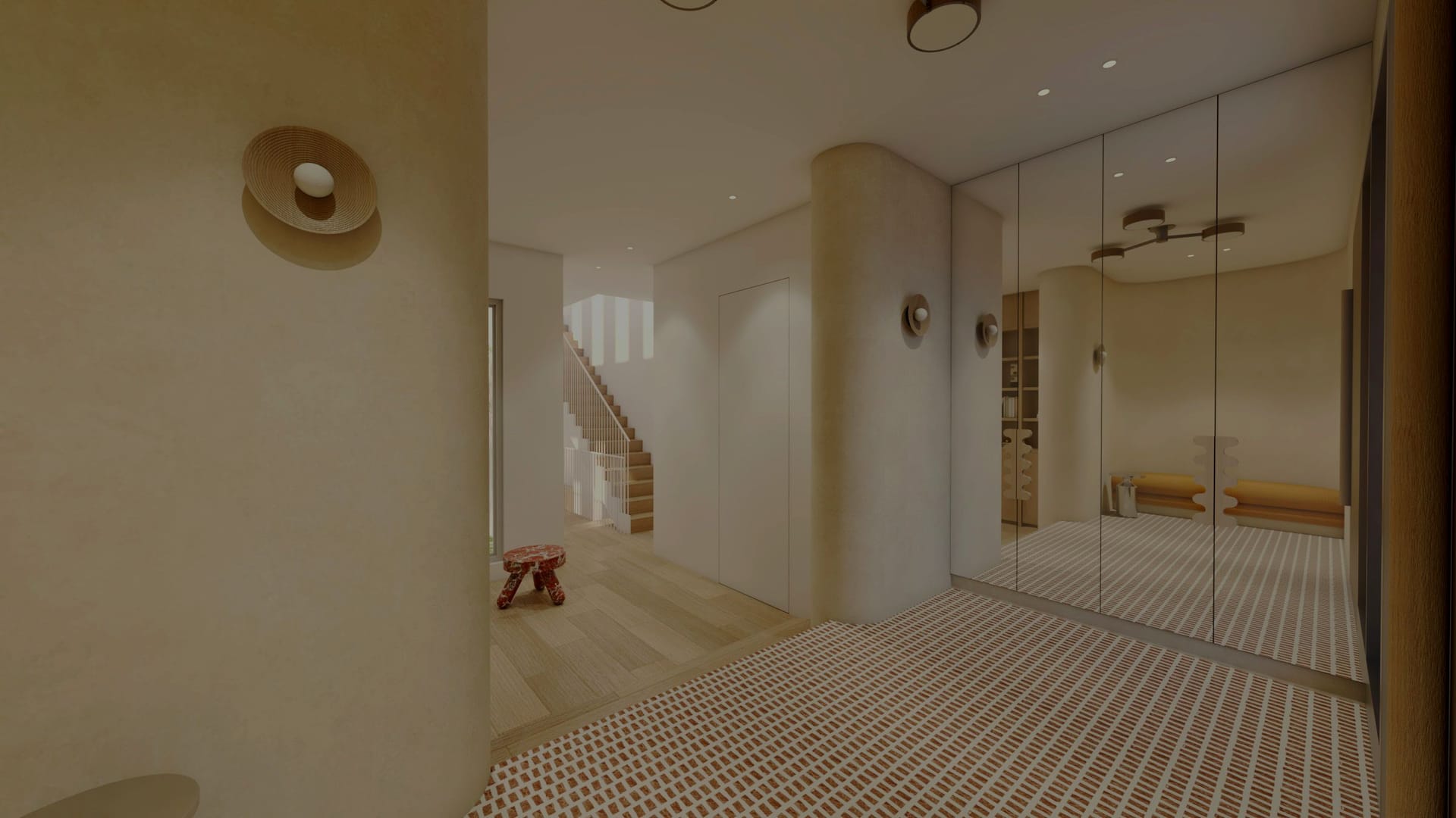The entrance hall at 221–223 Waverly Avenue, with a curved plaster wall, a patterned tile floor and a full-height mirror.